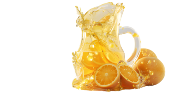 Refreshing Citrus Splash A Dynamic Glass Pitcher Overflowing with Orange Juice and Fresh Slice png