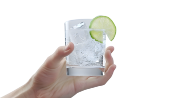 Refreshing Handheld Beverage with Ice and Lime Garnish in a Square Glass png