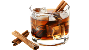 Refreshing Iced Beverage with Cinnamon Sticks and Ice Cubes in a Glass Ideal for Culinary and png