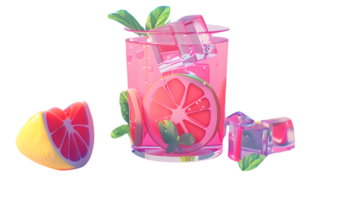 Refreshing Pink Beverage with Citrus and Ice Cubes 3D Rendered Drink Summer Cooler Lemonade png