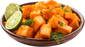 Sweet Potato Cubes with Lime and Dill Garnish in Bowl png