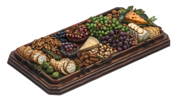 Wooden tray with cheese crackers grapes and nuts png