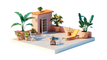 Charming Miniature Patio Scene with Plants Furniture and Pool for Relaxation and Design Inspi png