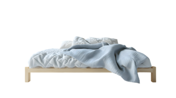 Cozy Bed with White Linens and Comforter on a Minimalist Wooden Frame png