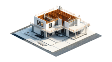 Modern House Construction in Progress with Exposed Framework and Scaffolding png