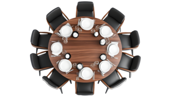 Round Dining Table Setup with Black Chairs and Place Settings for Events png