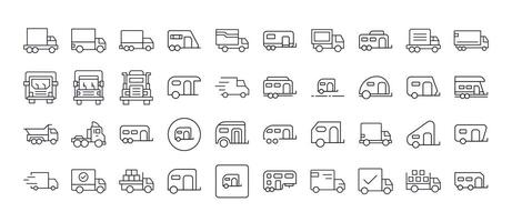 Truck and Motor Home Line Icon Collection. Outline Signs for Graphic and Web Design, Apps, Adverts, Various Cards vector