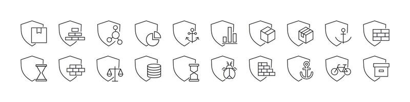 Box, Brick Wall, Anchor by Shield Line Icon Set. Outline Signs for Graphic and Web Design, Apps, Adverts, Various Cards vector