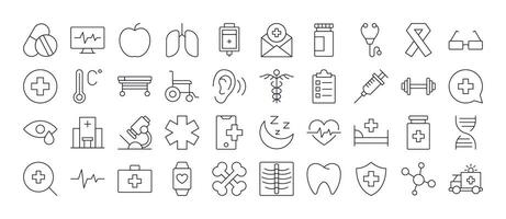 Collection of Line Icons of Medical Cross, Heart, Bones, Health Care. Minimalistic Linear Pictogram for Web and Graphic Design, Apps, Banners, Social Network and Cards vector