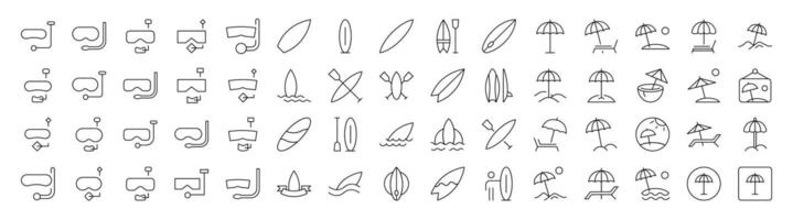 Collection of Diving Mask, Surfboard, Umbrella, Beach Related Line Icons. Outline Signs for Graphic and Web Design, Apps, Adverts, Various Cards vector