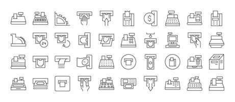Pack of Money and Finance Related Line Icons. Cash Register and Receipt Outline Signs for Graphic and Web Design, Apps, Adverts, Various Cards vector