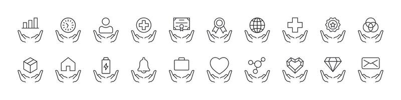Suitcase, Circles, Heart, Cross on Hand Line Icon Bundle. Outline Signs for Graphic and Web Design, Apps, Adverts, Various Cards vector