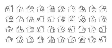 Pack of Line Icons of House with Lock. Minimalistic Linear Pictogram for Web and Graphic Design, Apps, Banners, Social Network and Cards vector