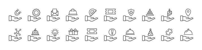 Pack of Helmet, Food, Mail etc on Hand Related Line Icons. Outline Signs for Graphic and Web Design, Apps, Adverts, Various Cards vector