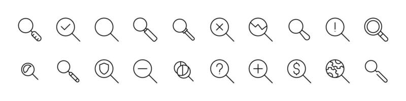 Bundle of Line Icons of Magnifying Glass. Minimalistic Linear Pictogram for Web and Graphic Design, Apps, Banners, Social Network and Cards vector