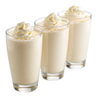 Three Delicious Creamy Vanilla Milkshakes with Whipped Cream Toppings png