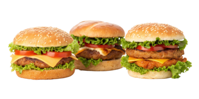 Three Delicious Cheeseburgers with Sesame Seed Buns, Lettuce, Tomato, and Melted Cheese png