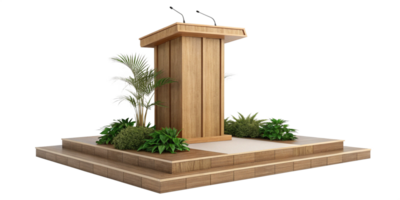 Elegant Wooden Podium with Two Microphones and Lush Greenery on a MultiTiered Platform png