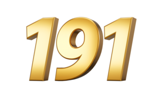 3d number 191 one hundred ninety one Gold text with reflection 3d illustration png