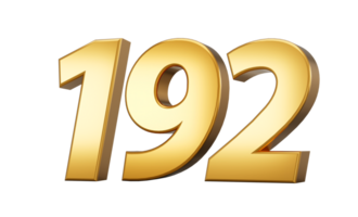 3d number 192 one hundred ninety two Gold text with reflection 3d illustration png