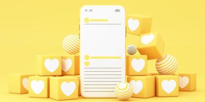 Minimalist social media interface on a smartphone screen, surrounded by floating heart icons and geometric shapes in a bright yellow theme. 3d rendering. photo