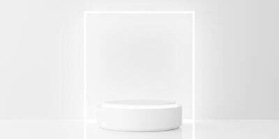 Minimal white podium with glowing frame on clean background, ideal for product display or branding concept. 3d rendering. photo