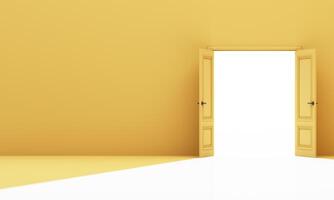 Twin yellow doors open wide to intense white light, symbolizing full transition and immersive journey toward new space. 3d rendering. photo