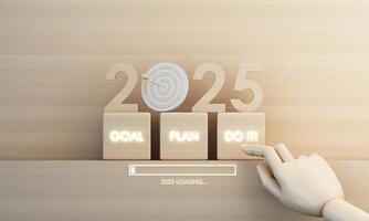 Wooden blocks display 2025 with goal, plan and action prompts. A finger ready to start symbolizes commitment to move forward. 3d rendering. photo