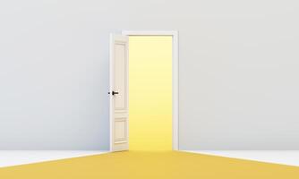 Single white door opens to glowing yellow path, symbolizing clarity, opportunity, and new direction in modern minimalist setting. 3d rendering. photo
