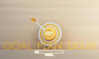 Bullseye target with 2025 center hit by arrow, under words GOAL PLAN DO IT, represents full motivation and action mindset. 3d rendering. photo