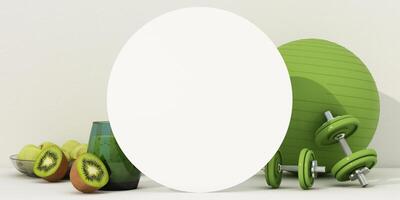 A fresh green-themed fitness scene featuring a white circular board, dumbbells, an exercise ball, and kiwi with a smoothie, emphasizing a balanced and healthy lifestyle. 3d rendering. photo