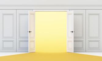 Wide double doors open from white panel wall into soft glowing yellow, merging elegance, simplicity, and symbolic change. 3d rendering. photo