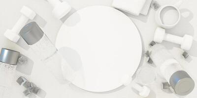 A minimalist fitness setup with a blank circular board, white dumbbells, hydration bottles, and ice cubes, highlighting refreshment and hydration. 3d rendering. photo