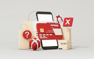 Mobile shopping issues represented by declined credit card, question mark, and warning signs near gifts and packages. 3d rendering. photo