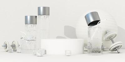 A clean and modern fitness scene with hydration bottles, dumbbells, and an exercise ball, highlighting wellness, hydration, and a healthy routine. 3d rendering. photo