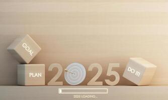 Stacked wooden blocks show goal, plan, and do it with 2025 in focus. Aiming for success through structured thinking and persistence. 3d rendering. photo