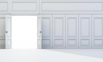 Classic wall panels with open white double doors, revealing bright blank space of imagination and infinite potential. 3d rendering. photo