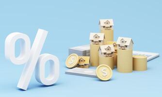 Large percent symbol and multiple house models on stacked coins reflect property investment and housing market. 3d rendering. photo