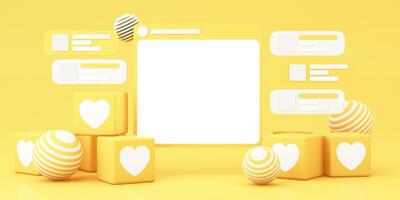 Abstract social media concept with a blank post frame, surrounded by chat bubbles and heart-shaped blocks in a modern yellow aesthetic. 3d rendering. photo
