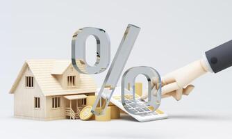 Transparent percent symbol in front of house, coins and calculator with hand pressing button, showing finance calculation. 3d rendering. photo