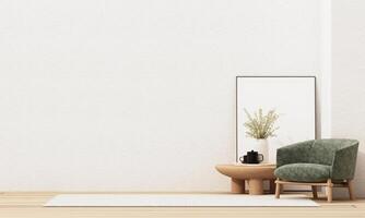 Green fabric lounge chair adds soft accent to a clean wooden setting with natural tones and gentle wall elements. Calm and modern look. 3d rendering. photo