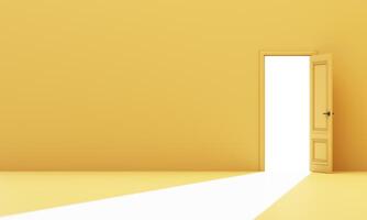 Yellow room with single open door letting in a strong white light beam, creating contrast of inner reflection and outward vision. 3d rendering. photo