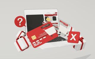 Multiple credit cards and alert signs on laptop screen highlight risk of online scams during shopping. 3d rendering. photo