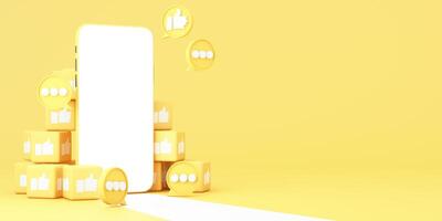 Minimalist social media screen on a smartphone, with chat bubbles and thumbs-up icons floating in a clean yellow environment. 3d rendering. photo