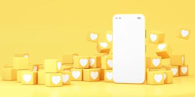 Abstract smartphone interface with floating heart-shaped blocks, representing social media engagement and online interactions in a bright yellow theme. 3d rendering. photo