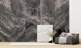 Dark marble texture adds luxury to soft-toned interior with cozy seating and modern decor. Bold yet harmonious setting. 3d rendering. photo