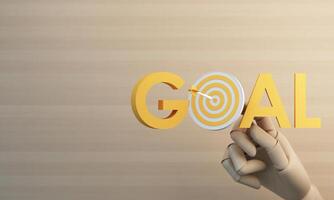 Wooden hand holding the word GOAL with dart in the target, representing precision, aim, and clear achievement in minimalist style. 3d rendering. photo