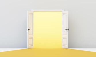Symmetrical double doors opening to radiant yellow space, representing balance, openness, and embracing new possibilities. 3d rendering. photo