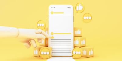Hand pressing a like button on a smartphone screen, surrounded by floating thumbs-up icons and engagement symbols in a bright yellow theme. 3d rendering. photo