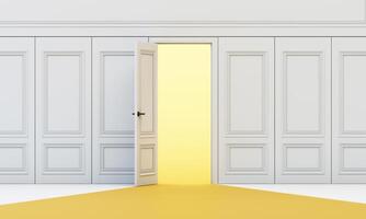 A single door opens within classic white panel wall, revealing bright yellow light and the invitation to step into change. 3d rendering. photo